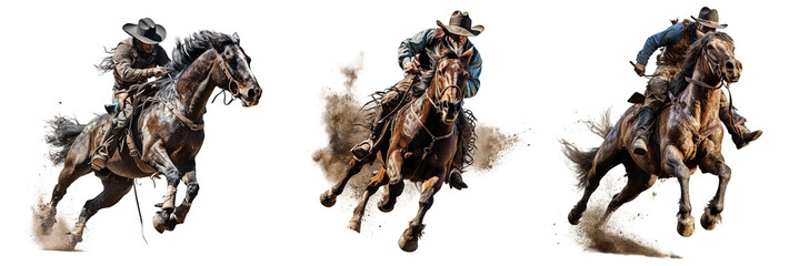 Saddle Bronc rodeo horse with riding cowboy Isolated on transparent background - obrazy, fototapety, plakaty