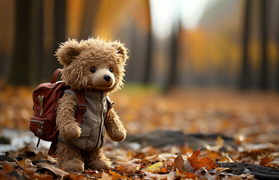 Lonely Teddy bear doll standing alone with blurry autumn forest background,Lost brown bear toy looking sad,International missing children's day,Generative Ai