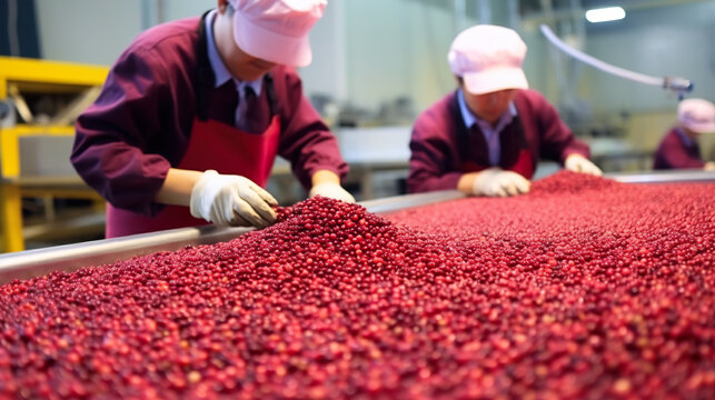 Conveyor belt with freshly harvested cranberries in a modern factory