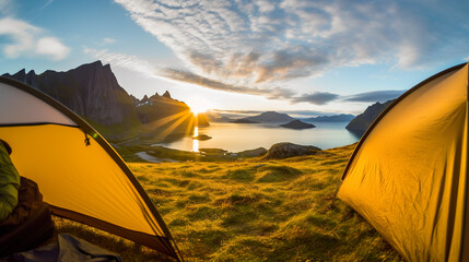 Camping tent on a fjord in Iceland at sunset.