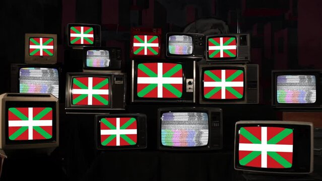 Flag of Basque Country and Vintage Televisions. 4K Resolution.