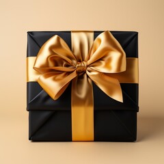 Gift wrap. Black and yellow box with a bow on a plain background. Concept: Festive atmosphere present for the holidays