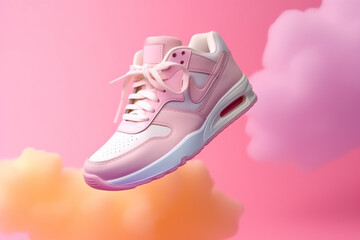 Pair of pink baby sneakers flying in the sky with clouds.