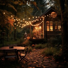 Fototapeta na wymiar Wooden secluded house in the forest decorated with street bright garlands and light bulbs. Romantic atmosphere, cozy autumn evening. AI generated illustration. 