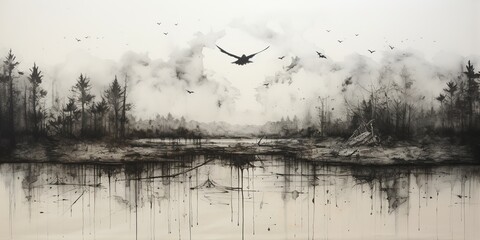 AI Generated. AI Generative. Halloween landscape scary spooky boo ink paint water color outdoor background. Can be used like gothic mock up decor