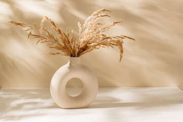 Bohemian ceramic vase with pampas grass and sunlight shadows, scandinavian interior design. Stylish...