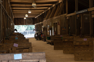 Interior of a large horse barn.
