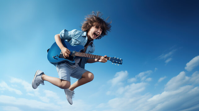 Jumping child playing guitar singing colorful background education school growth music creativity idea happy inspiration relaxation concept style of rock n roll illustration background Generative AI