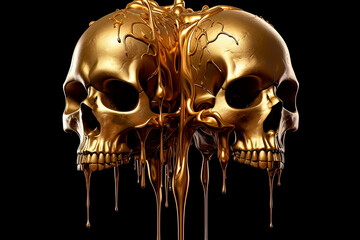 Golden skull in a crown of thorns. Molten gold. Generative AI