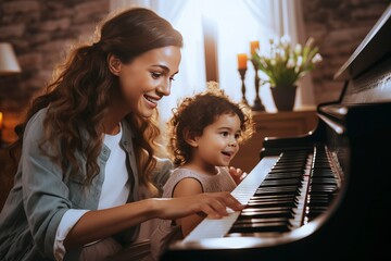 A young girl taking a piano lesson, passionately playing the keys. Musical education and talent development in progress. 'generative AI'