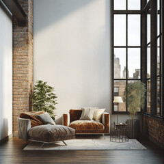 Industrial living room, interior decoration. Clear wall and large window. Natural light, wall art. IA generativ