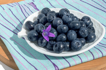 Freshly picked delicious ripe healthy blueberries lie on a white plate.
