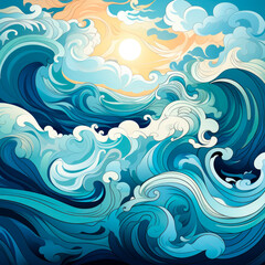 Fototapeta premium Stylized illustration of sea waves. Blue waves pattern. Marine pattern. Sea breeze abstract drawing with paints. Cartoon sea drawing. Generative ai.