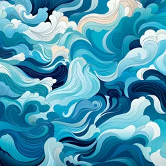 Gordijnen Stylized illustration of sea waves. Blue waves pattern. Marine pattern. Sea breeze abstract drawing with paints. Cartoon sea drawing. Generative ai. © Наталия Горячих