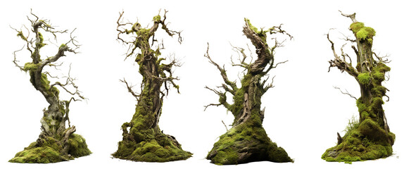 Fresh green moss on rotten tree Isolated on transparent background