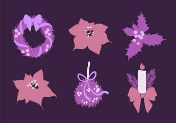 Set of Christmas elements. Poinsettia plants and flowers, holly berries, mistletoe with a bow, a candle with fir branches and a bow. Vector isolated elements in purple hues.
