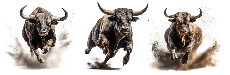 Angry bull with big horns running Isolated on transparent background