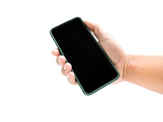 Male hand holding a black screen on a white background Business concept.