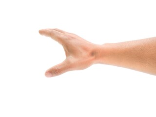 Male hand reaching for something on white background business concept.