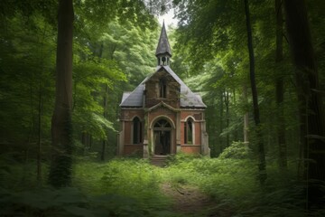 Fototapeta premium Church forest ruins abandoned. Generate Ai