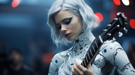 Fototapeta na wymiar Female android play guitar