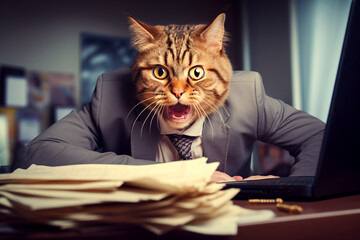 Cat boss. Angry boss shouting to an employee. Cat office worker. Deadline. AI generated.
