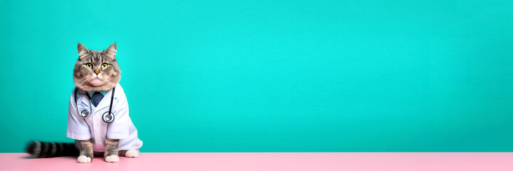 Cat doctor concept. Cat with phonendoscope isolated on gradient turquoise background. Profession. Bright background. Banner for design. AI generated.