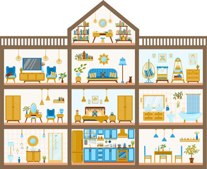 Сozy, stylish three-story house with an attic and boho-style furniture, a cute dollhouse with nine rooms, illustration in a flat cartoon style. The interior is in vintage style.