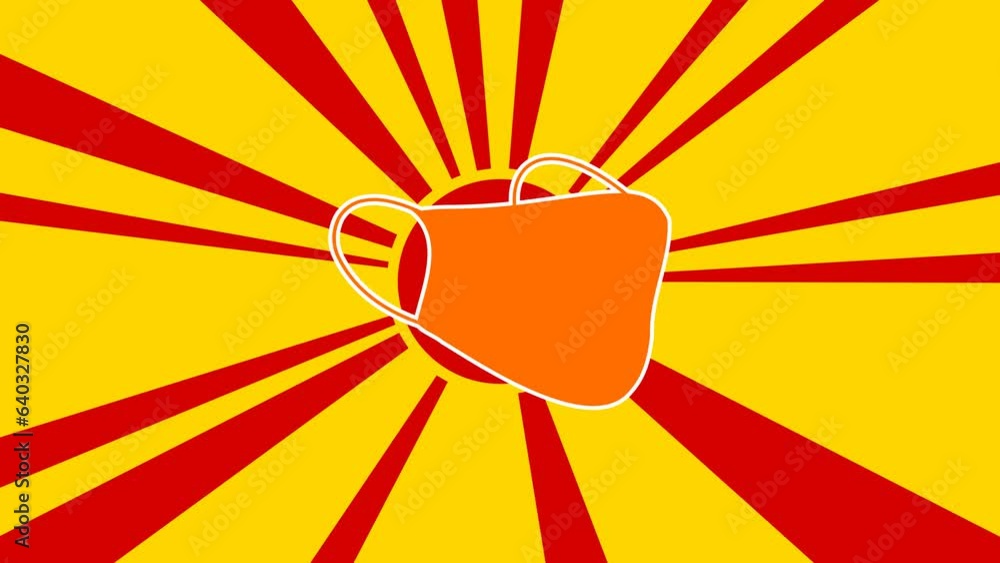 Poster mask symbol on the background of animation from moving rays of the sun. large orange symbol increase