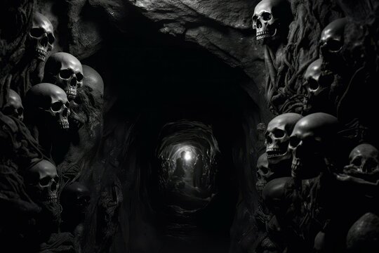 Creepy skull underground tomb. Generate Ai