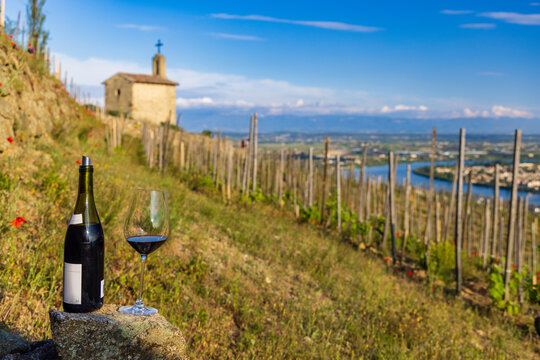 Grand cru vineyard and Chapel of Saint Christopher, Tain l'Hermitage, Rhone-Alpes, France