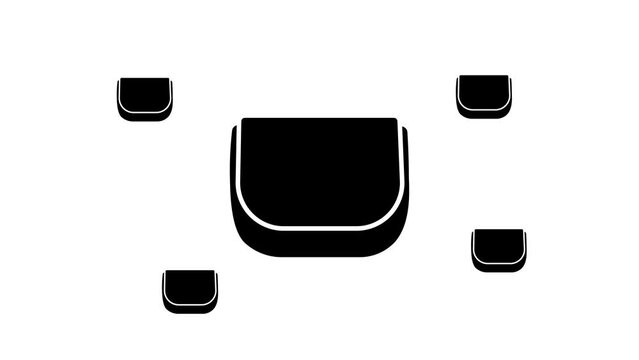 Zoom in and out animation the ladies handbag symbol. Large black symbol in the center and four small symbols around. Seamless looped 4k animation on white background