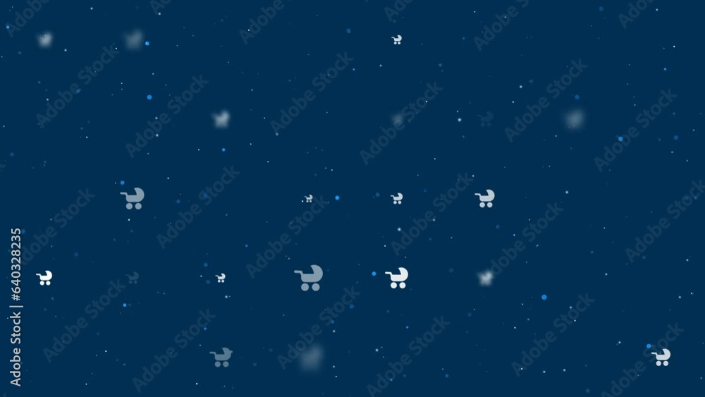 Poster template animation of evenly spaced baby carriage symbols of different sizes and opacity. animation 