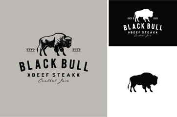 Classic American Black Bull Bison Buffalo Silhouette for BBQ Beef Steak Meat Vintage Logo Design