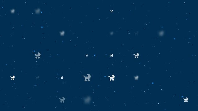 Template animation of evenly spaced baby carriage symbols of different sizes and opacity. Animation of transparency and size. Seamless looped 4k animation on dark blue background with stars