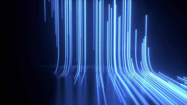 Reflected neon light trail inside tunnel or dark room, illuminated front wall. Surround light effect. Abstraction with neon. Blue background with lines and rays. Futuristic urban style