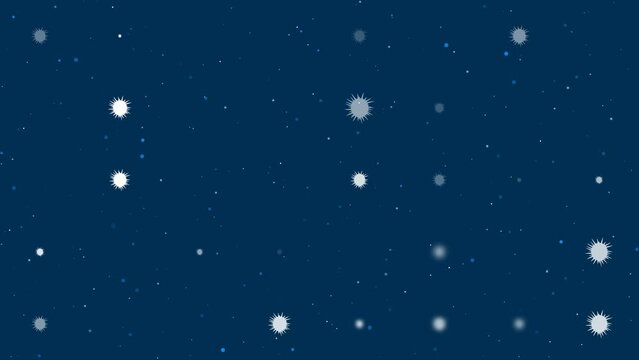 Template animation of evenly spaced sea urchin symbols of different sizes and opacity. Animation of transparency and size. Seamless looped 4k animation on dark blue background with stars