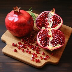 Split pomegranate on a wooden board
