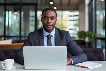 portrait of black businessman sitting at desk, ai generated