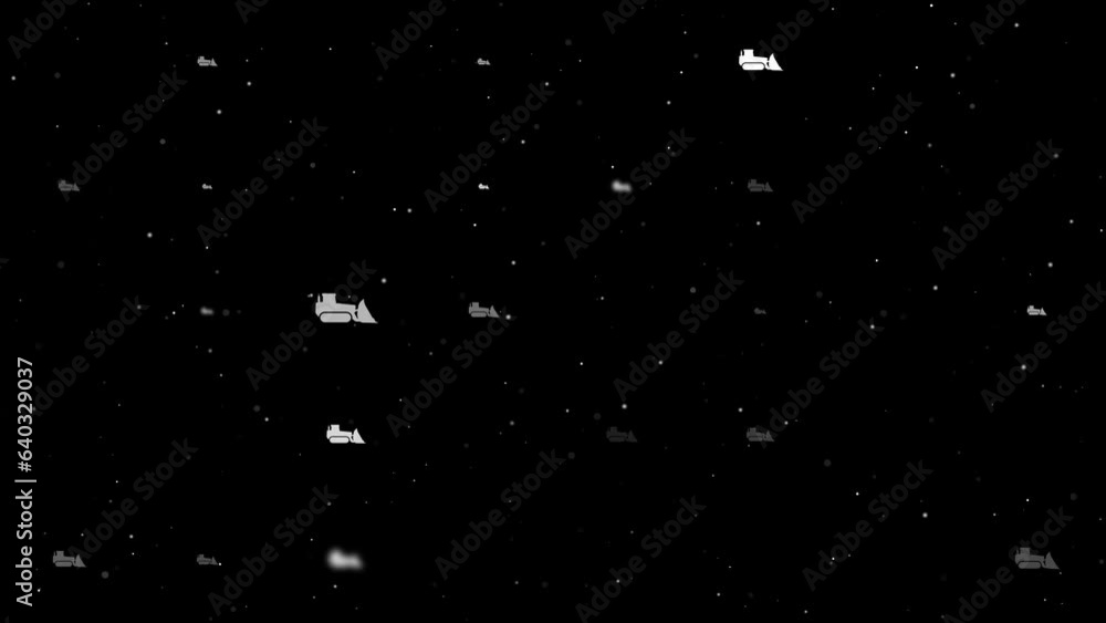 Poster template animation of evenly spaced bulldozer symbols of different sizes and opacity. animation of t