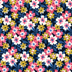 Seamless floral pattern, liberty ditsy print with drawing of small wild plants. Cute botanical design: hand drawn small flowers, blooming buds, tiny leaves on dark blue background. Vector illustration