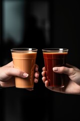 two hands holding glasses with iced coffee, street background. AI Generated