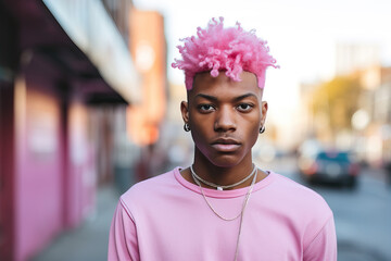 portrait of young black man with pink hair, ai generated - obrazy, fototapety, plakaty
