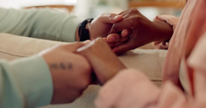 Couple, hope and holding hands for support, love or care of gratitude, empathy or praying. Closeup of man, woman or touch hand of partner in loyalty, commitment or kindness of faith, trust or forgive