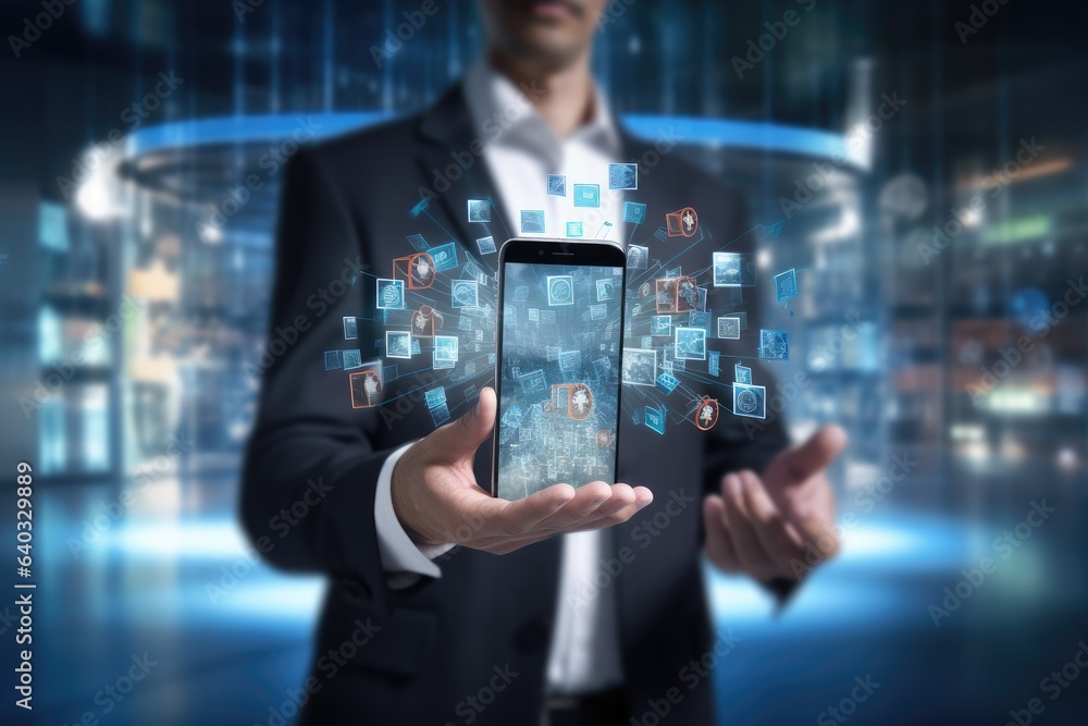Poster concept view of businessman holding smartphone with application icons flying around 3d rendering, bu