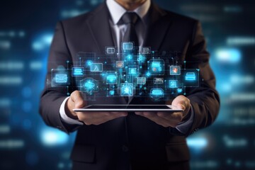 Businessman holding tablet with cloud computing technology concept on the screen. Businessman hand touching digital tablet with digital technology icons on virtual screen, AI Generated