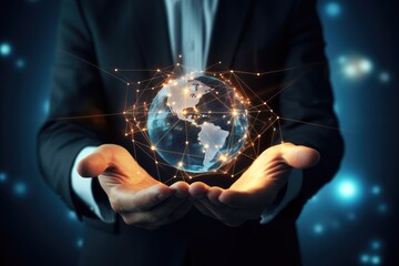 Close up of businessman hands holding global network concept. 3D rendering, Businessman holding global network connection in his hands. 3D rendering, AI Generated