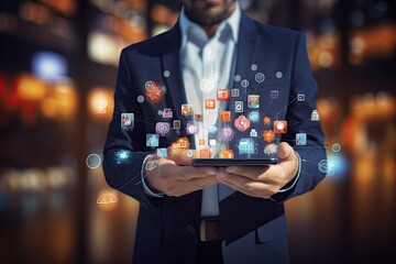Businessman holding tablet with media icons and symbols. Technology concept. Businessman on blurred background holding 3D rendering mobile applications in his hand, AI Generated