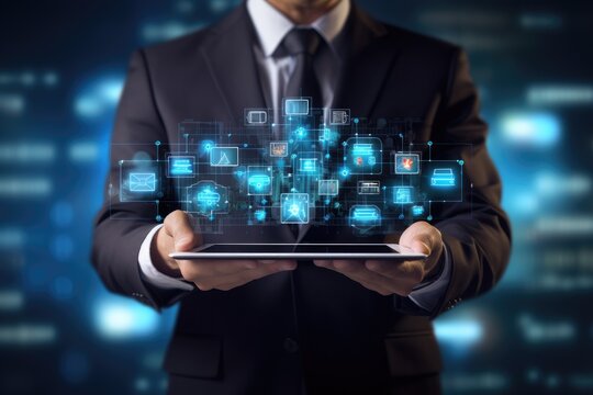 Businessman holding tablet with cloud computing technology concept on the screen. Businessman hand touching digital tablet with digital technology icons on virtual screen, AI Generated