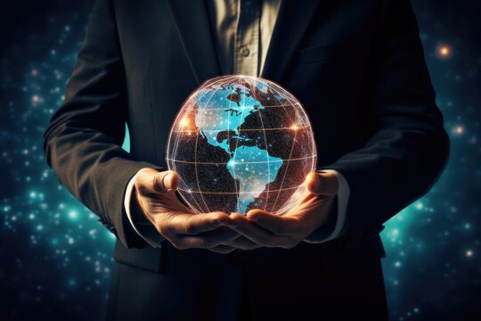 Close up of businessman holding in palms glowing earth globe. Elements of this image are furnished by NASA, Businessman holding global network connection in his hands. 3D rendering, AI Generated